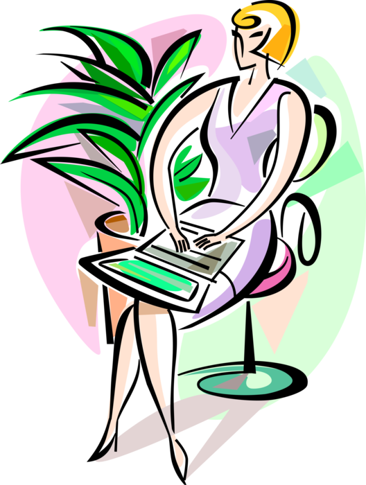 Vector Illustration of Businesswoman Works on Laptop Computer in Chair with Office Plant