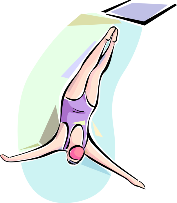 Vector Illustration of Competitive Diver Dives from Diving Board into Swimming Pool