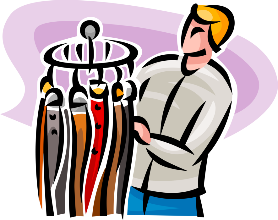 Vector Illustration of Customer Shopper Shopping for Belts for Trouser Pants in Retail Apparel and Accessories Store