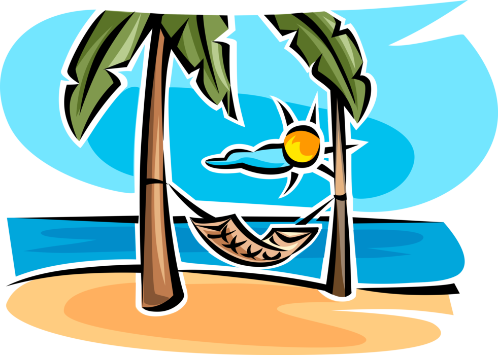 Vector Illustration of Hammock Between Palm Trees on Beach used for Swinging, Sleeping, or Resting