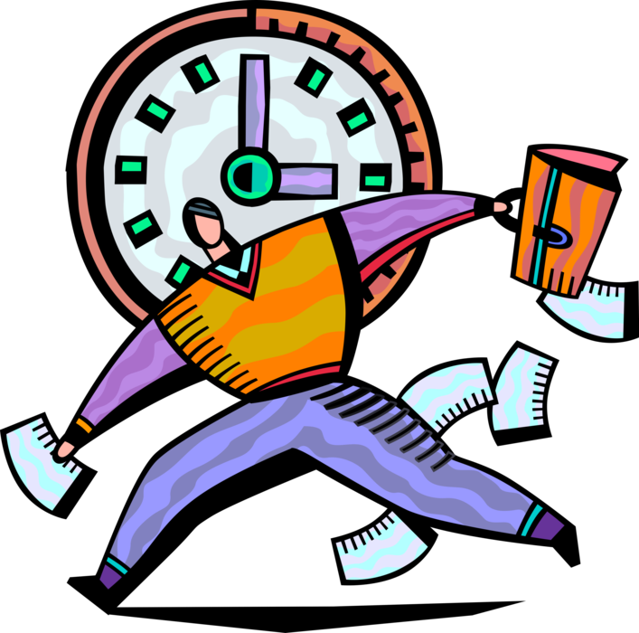 Vector Illustration of Businessman Running Late for Important Business Meeting with Documents and Time Clock
