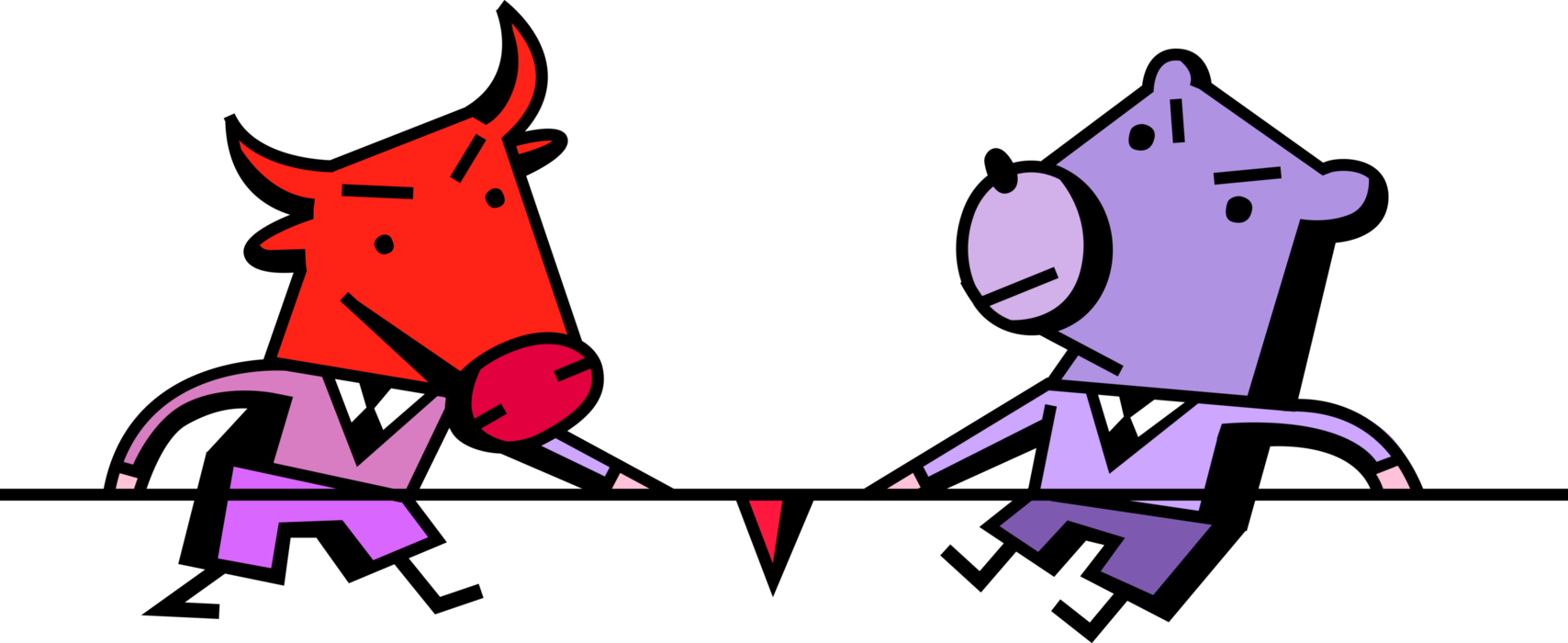 Vector Illustration of Financial Stock Market Bear and Bull Market Masks on Wall Street in Tug of War Competition