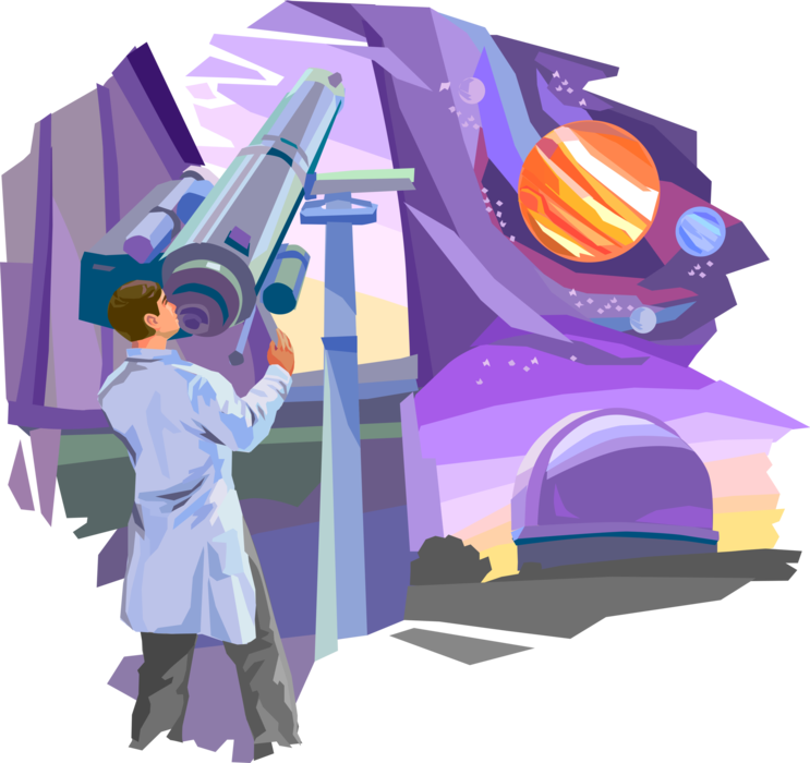 Vector Illustration of Astronomer Views the Known Universe Planets and Stars Through Optical Telescope Observatory