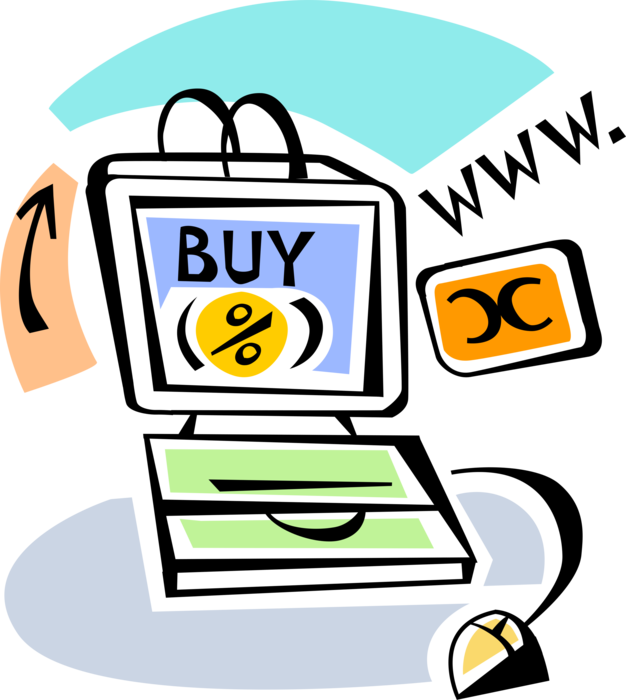 Vector Illustration of Online Internet Ecommerce Shopping Purchase Transactions with Computer and Credit Card