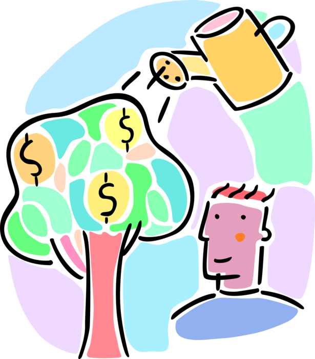 Vector Illustration of Money Tree Idiom Money Doesn't Grow on Trees with Watering Can and Dollar Signs