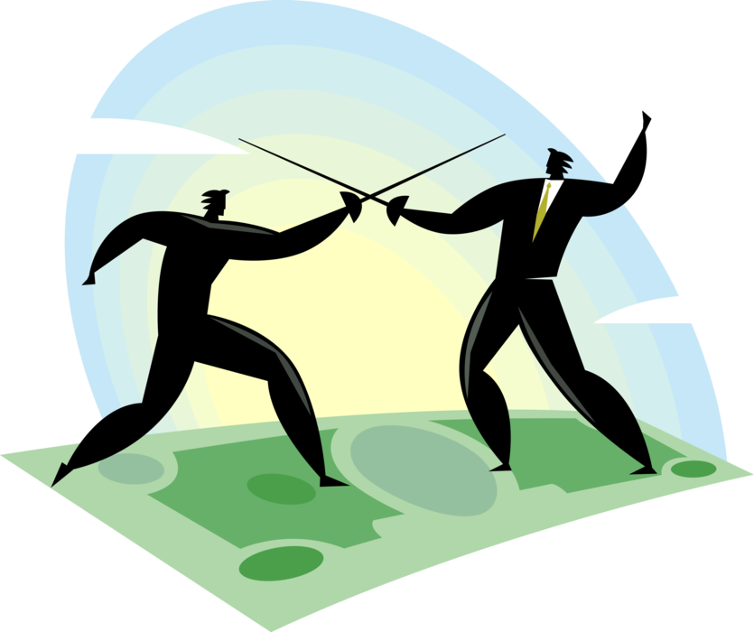 Vector Illustration of Business Competitor Fencers Fencing with Foil Swords on Money Dollar Bill