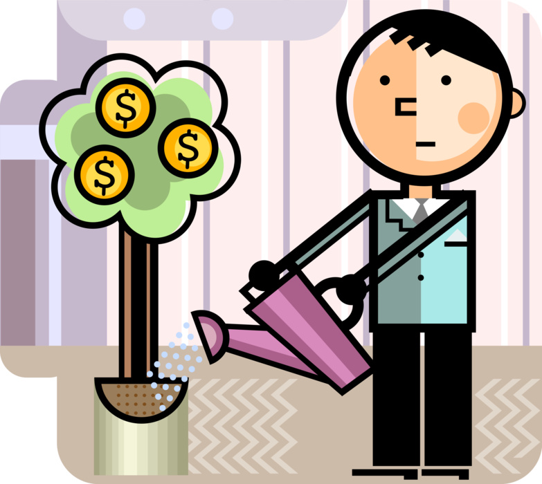 Vector Illustration of Businessman Waters Money Tree Cash Dollars with Watering Can