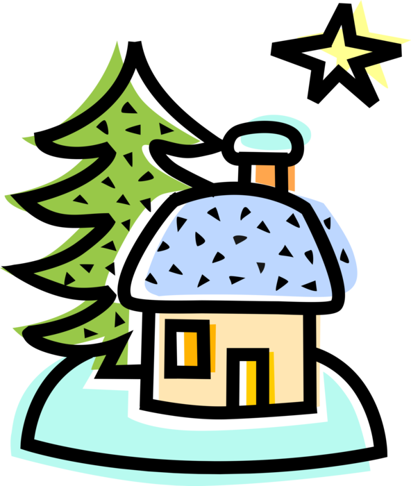 Vector Illustration of Christmas Holiday Village Cottage House with Evergreen Tree and Star