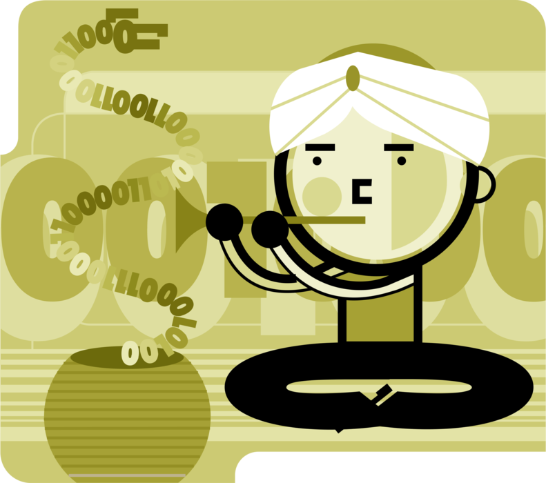 Vector Illustration of Snake Charmer Plays Bansuri with Digital Binary Code Cobra Snake