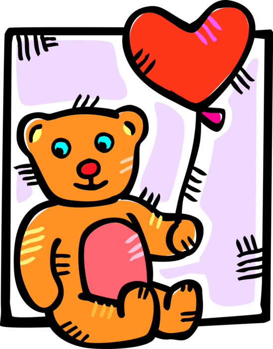 Vector Illustration of Child's Stuffed Animal Teddy Bear Play Toy with Love Heart Balloon