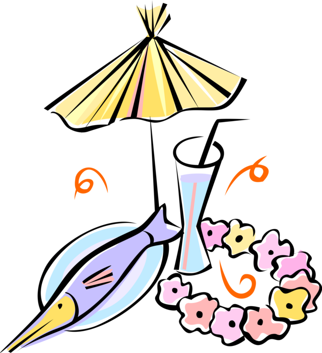 Vector Illustration of Drink, Seafood Platter, Hawaiian Lei with Cocktail Umbrella