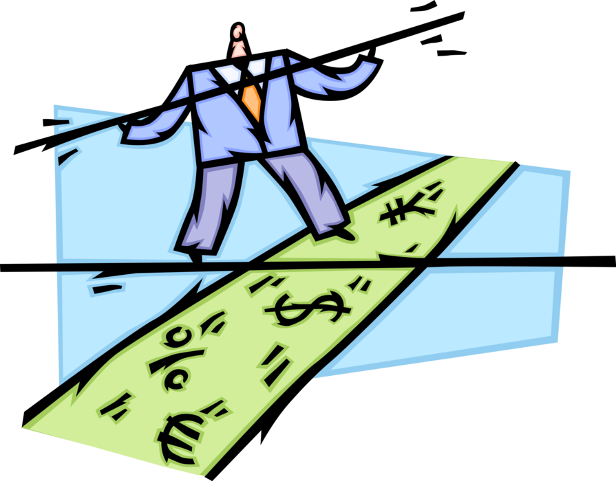 Vector Illustration of Businessman Walks Tightrope Highwire Over Financial Peril and Disaster