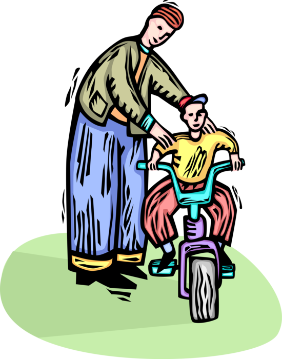 Vector Illustration of Father Teaches Young Son to Ride Bicycle Bike