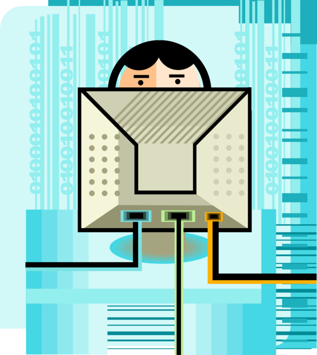 Vector Illustration of Businessman Fully Engaged in Digital World Works Behind Computer Monitor with Binary Data