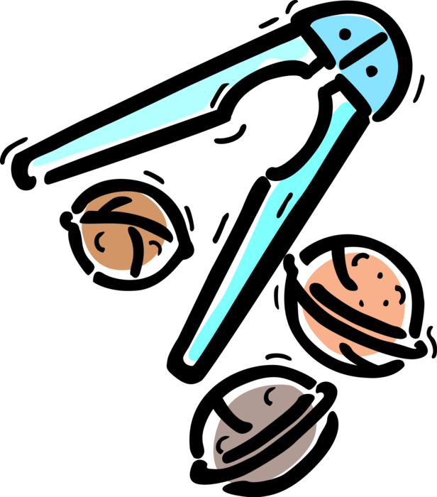 Vector Illustration of Hard Shell Edible Seed Walnut Nuts and Nutcracker