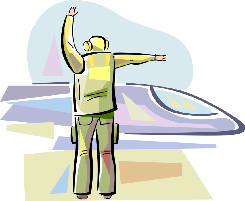 Vector Illustration of United States Navy Aircraft Carrier Air Operation Flight Deck Crew Member Signals Fighter Jet for Takeoff