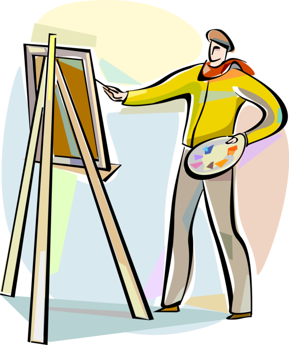 Vector Illustration of Visual Arts Artist Painting Picture on Canvas with Easel, Palette, and Paintbrush