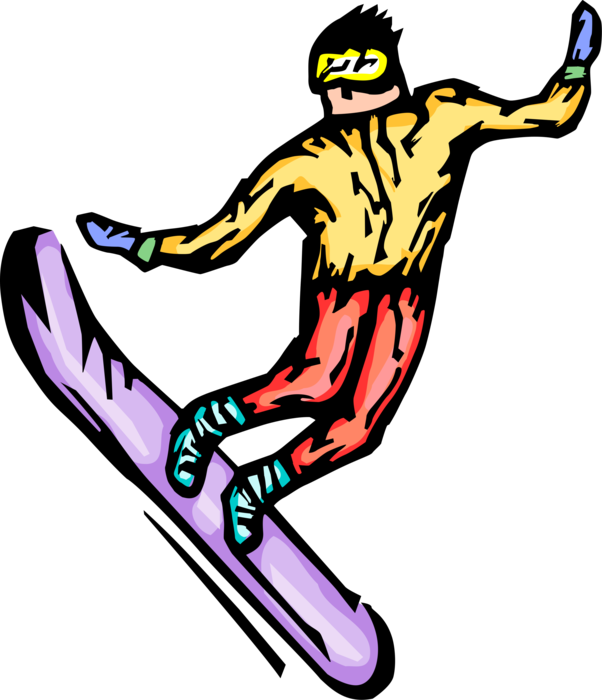 Vector Illustration of Snowboarder Snowboarding on Snowboard Down Snow-Covered Slopes in Winter