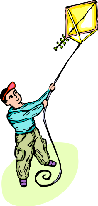 Vector Illustration of Boy Flies Tethered Heavier-than-Air Flying Craft Kite
