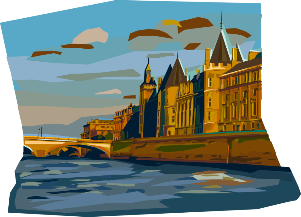 Vector Illustration of River Seine and The Conciergerie, former Castle Palace and Prison, Paris, France