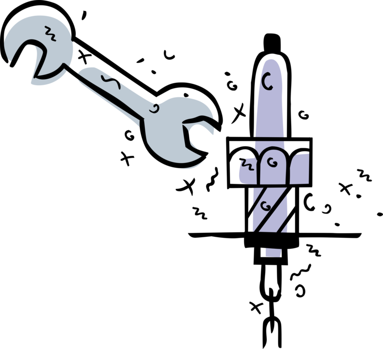 Vector Illustration of Workbench Wrench Removes Spark Plug Ignition System to Deliver Electric Current