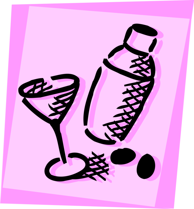 Vector Illustration of Alcohol Beverage Cocktail Mixed Drink Beverage Martini Glass and Shaker