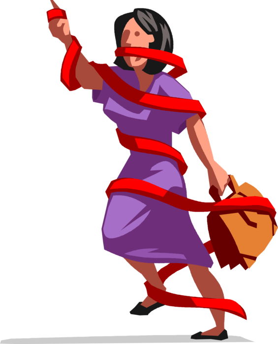 Vector Illustration of Businesswoman Tied Up in Red Tape Excessive Bureaucratic Regulation 