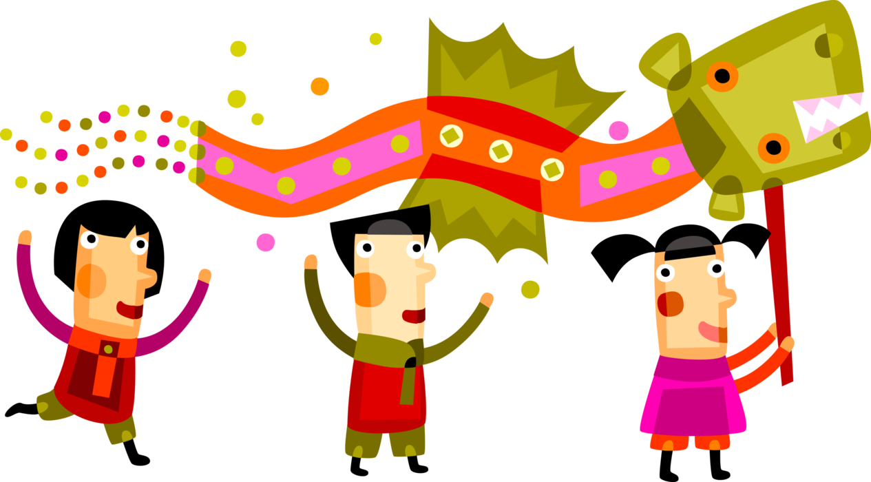 Vector Illustration of Chinese New Year Dragon Dance Festival with Dragon Symbolizing Potent and Auspicious Powers