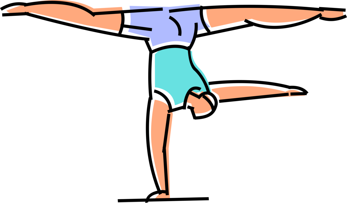 Vector Illustration of Gymnast Balancing on One Hand Performing on Balance Beam During Gymnastics Meet