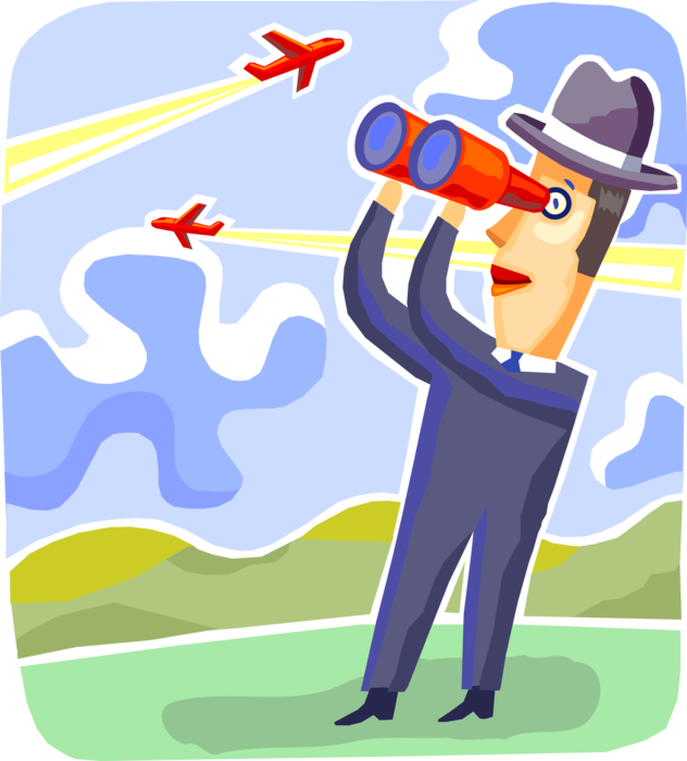 Vector Illustration of Businessman with Binoculars and Commercial Aircraft Airplanes in Flight