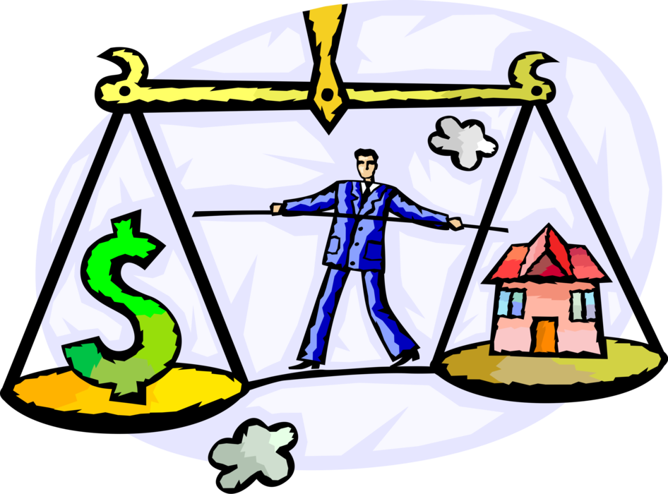 Vector Illustration of Businessman Balances Family Income Cash Money and Home Mortgage Expense