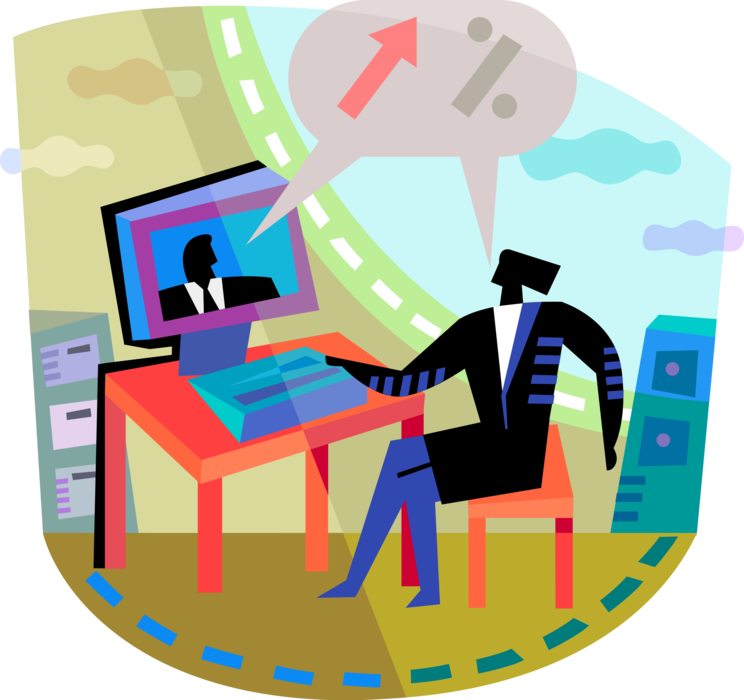 Vector Illustration of Business Colleagues Communicate via Computer Online Skype Communications with Web Cam Camera