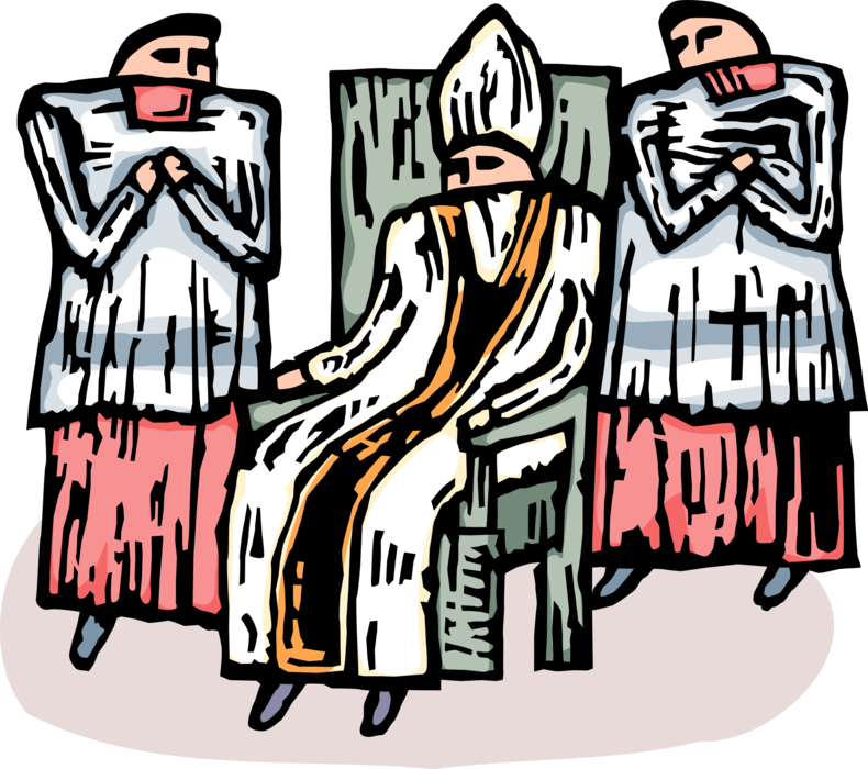Vector Illustration of Catholic Religion Bishop Sits in Chair with Mitre Hat and Altar Boys