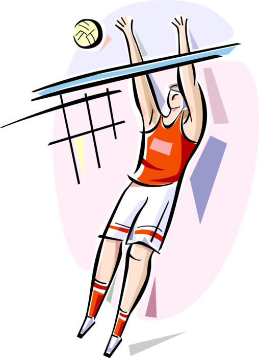 Vector Illustration of Sport of Beach Volleyball Player Blocks Ball at Net During Game