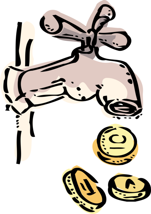 Vector Illustration of Water Tap Sink Faucet Wasting Cash Money Coins Going Down Drain