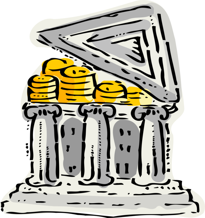 Vector Illustration of Financial Institution Bank with Classical Column Architecture Filled with Cash Money Deposits