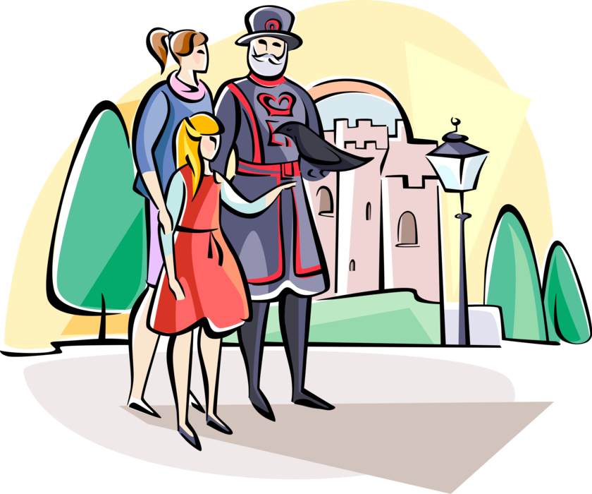 Vector Illustration of Tourists with Beefeater Guard at Tower of London, London, England