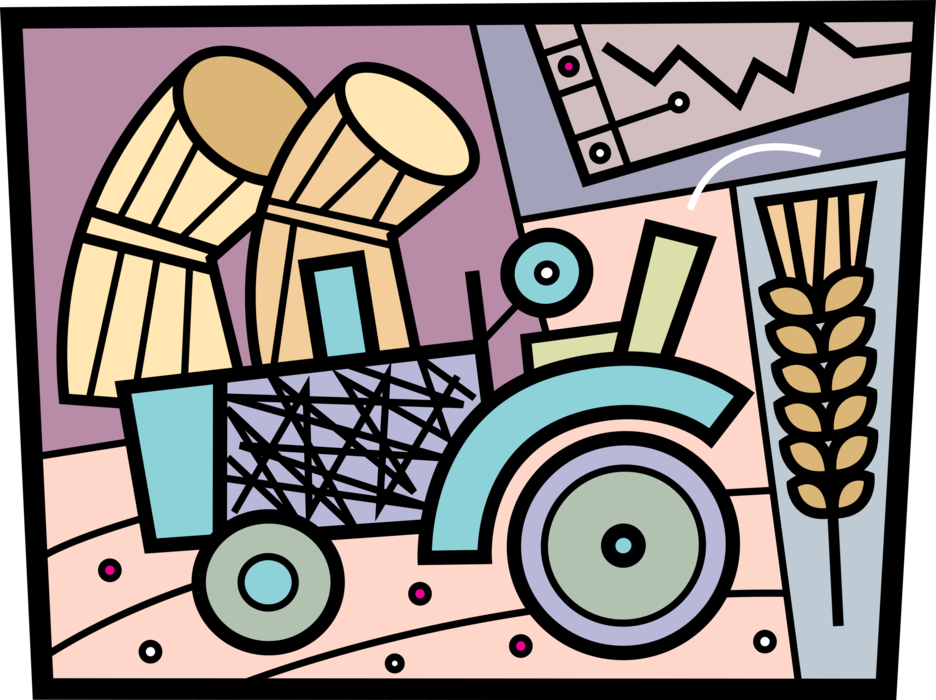 Vector Illustration of Farm Equipment Tractor with Farming Grain Crop Yields