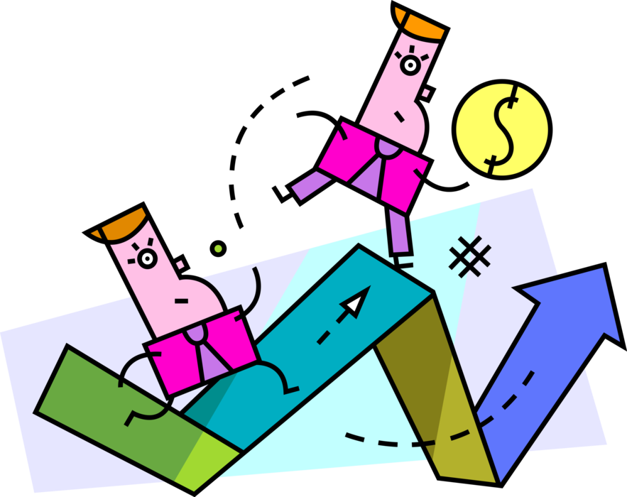 Vector Illustration of Business Associates Use Teamwork to Advance Financial Goals with Infographic Sales Profit Chart Diagram