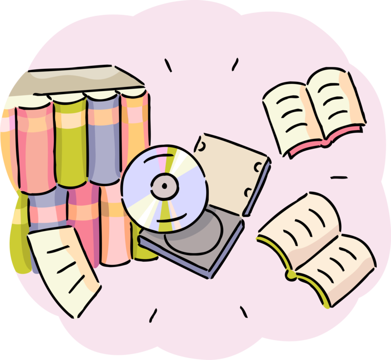 Vector Illustration of Digital Storage Multimedia DVD and CD ROM Compact Disc Disk Media and Books