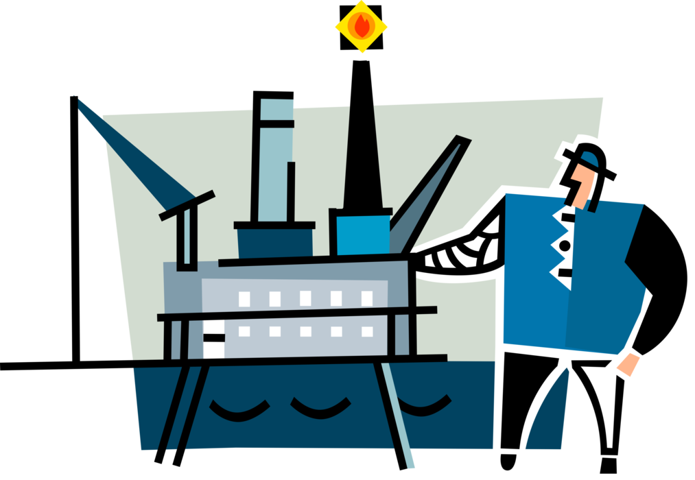 Vector Illustration of Roughneck Worker with Offshore Oil Rig Drilling Platform in Marine Environment