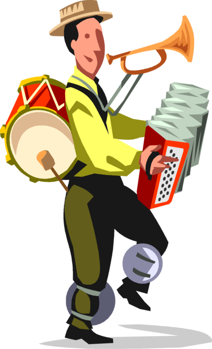 Vector Illustration of Businessman Street Performer One-Man Band Musician Entertainer Plays Multiple Instruments Simultaneously