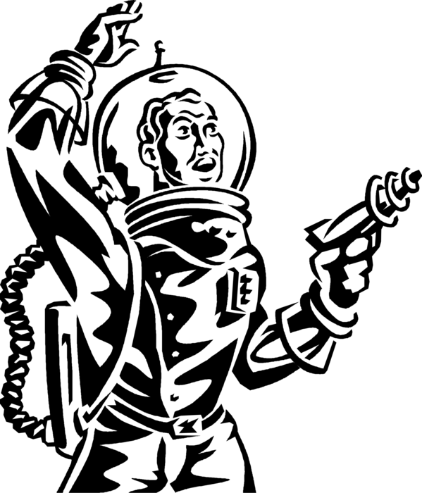 Vector Illustration of Science Fiction Space Astronaut with Ray Gun Weapon