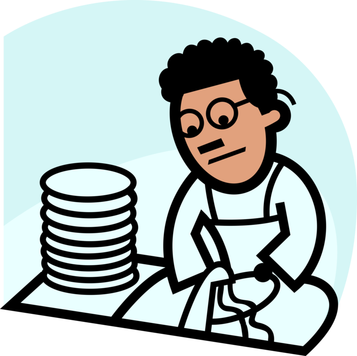 Vector Illustration of Restaurant Dish Washer Washes Dishes in Sink