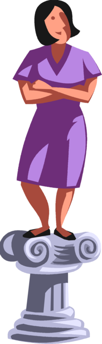 Vector Illustration of Champion Businesswoman Stands on Column Pedestal Receives Recognition for Achievement