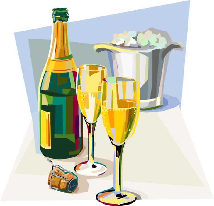 Vector Illustration of French Champagne Celebration with Flute Glasses and Ice Bucket