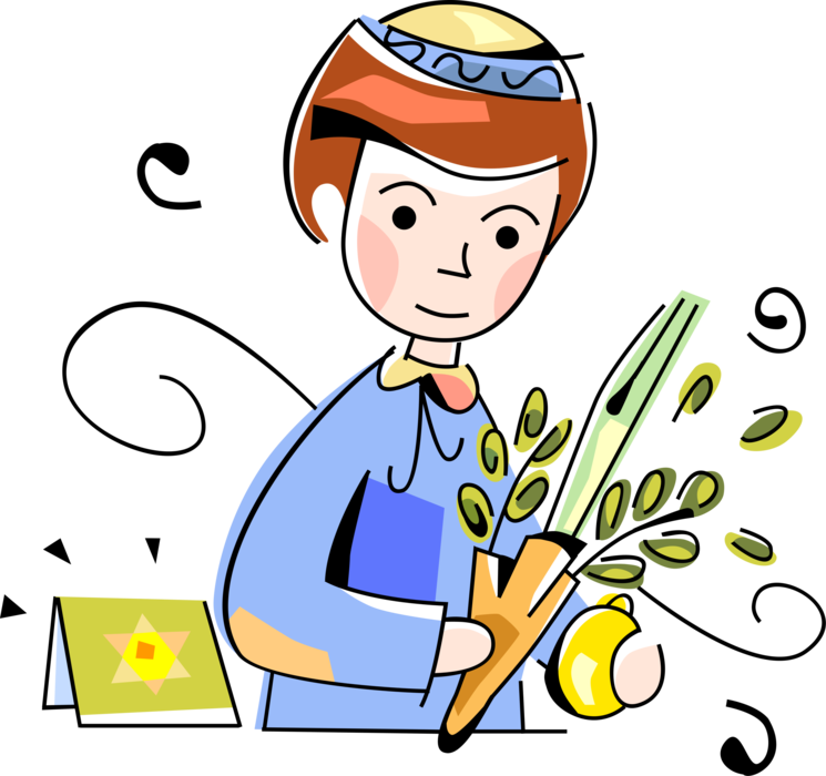 Vector Illustration of Jewish Child with Yom Kippur Harvest Festival of Sukkot with Wheat Grain and Citrus Lemon Fruit