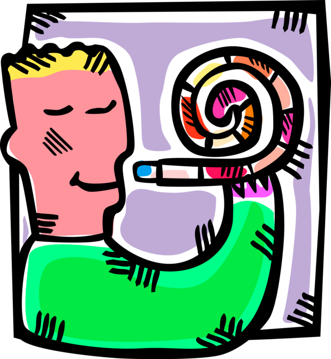 Vector Illustration of Birthday Boy Blows Noisemaker Party Whistle