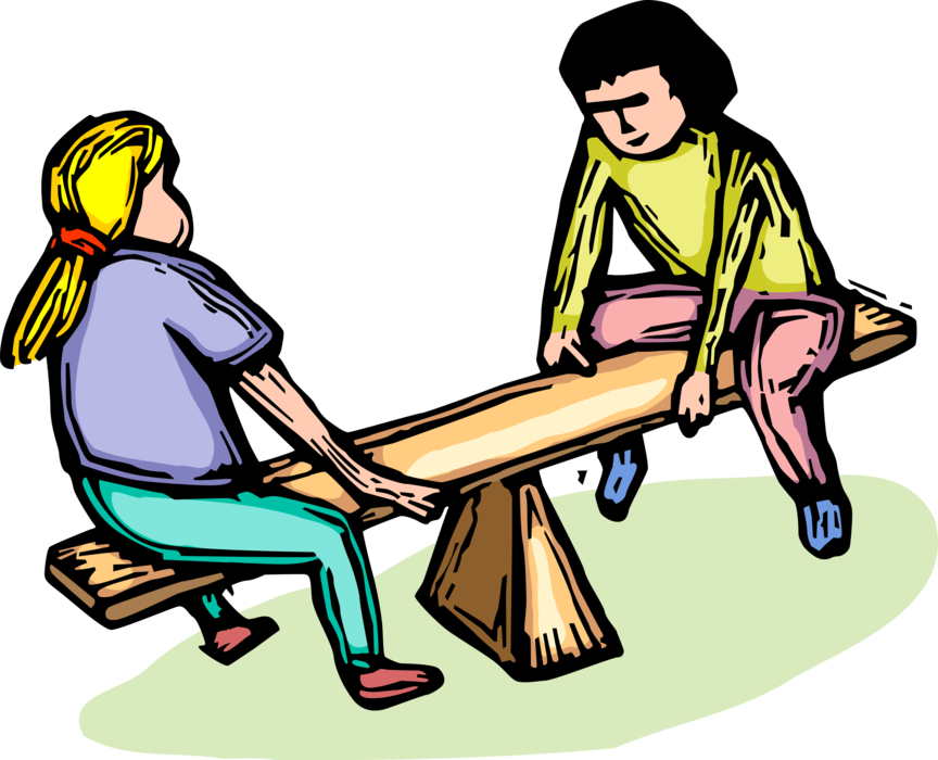Vector Illustration of Primary or Elementary School Student Boy and Girl Play on Teeter Totter in Playground