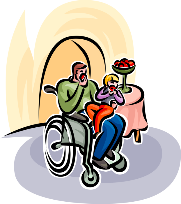 Vector Illustration of Father in Handicapped or Disabled Wheelchair Eats Fruit Apple with Daughter